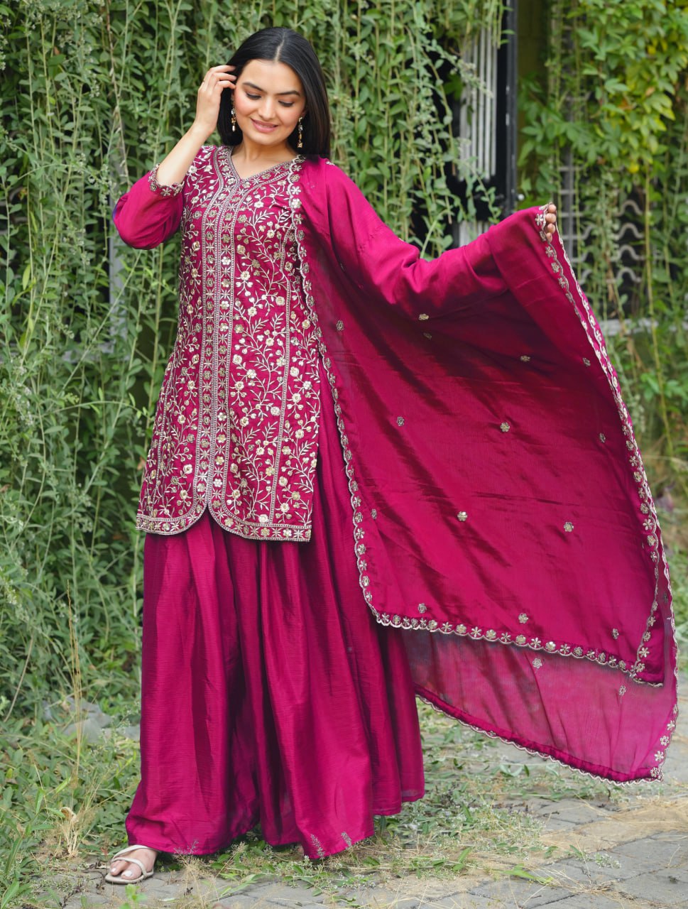 Prazu Fashion Pink Chinon Silk Sequence Embroidered Sharara Suit