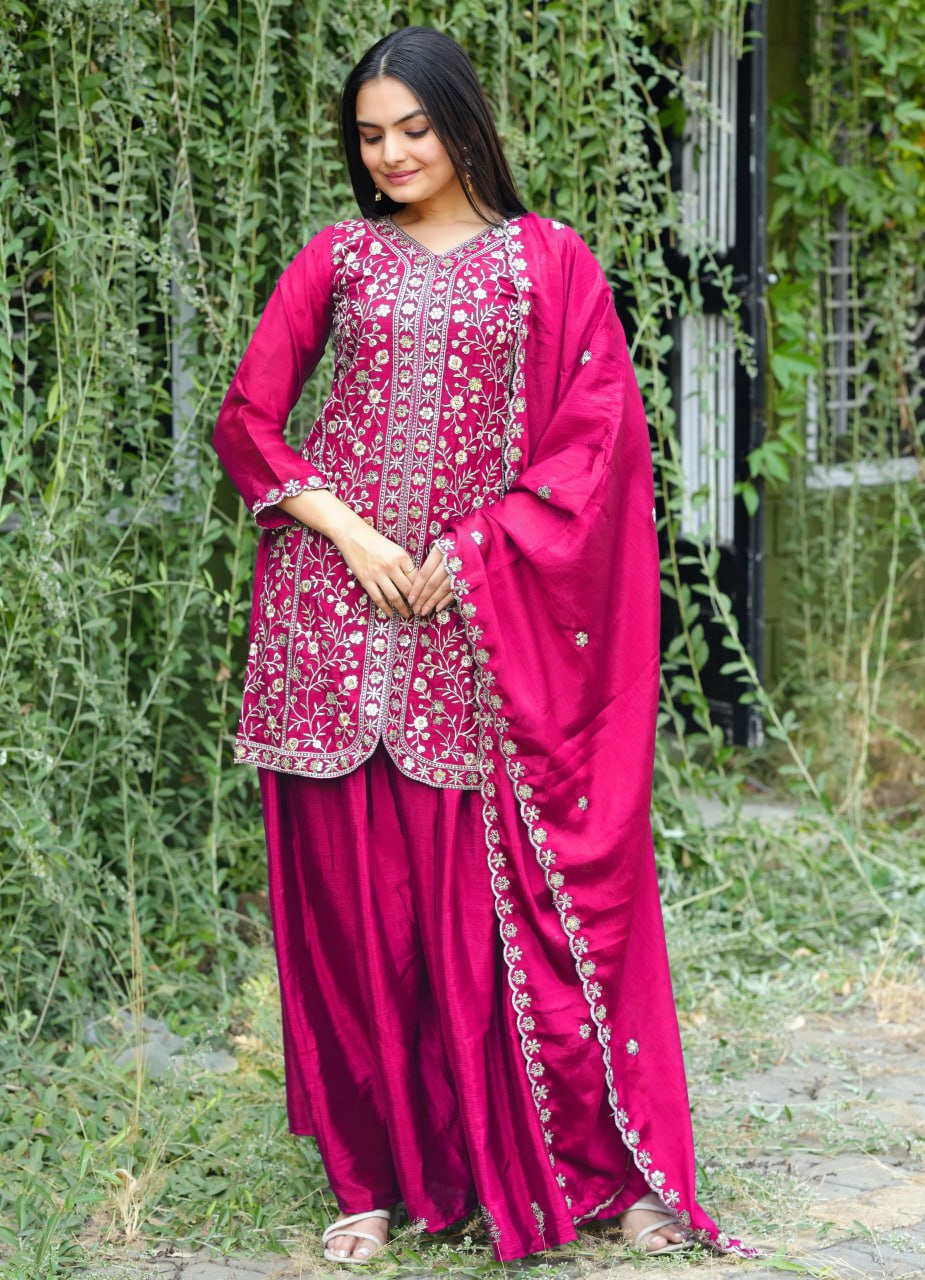 Prazu Fashion Pink Chinon Silk Sequence Embroidered Sharara Suit