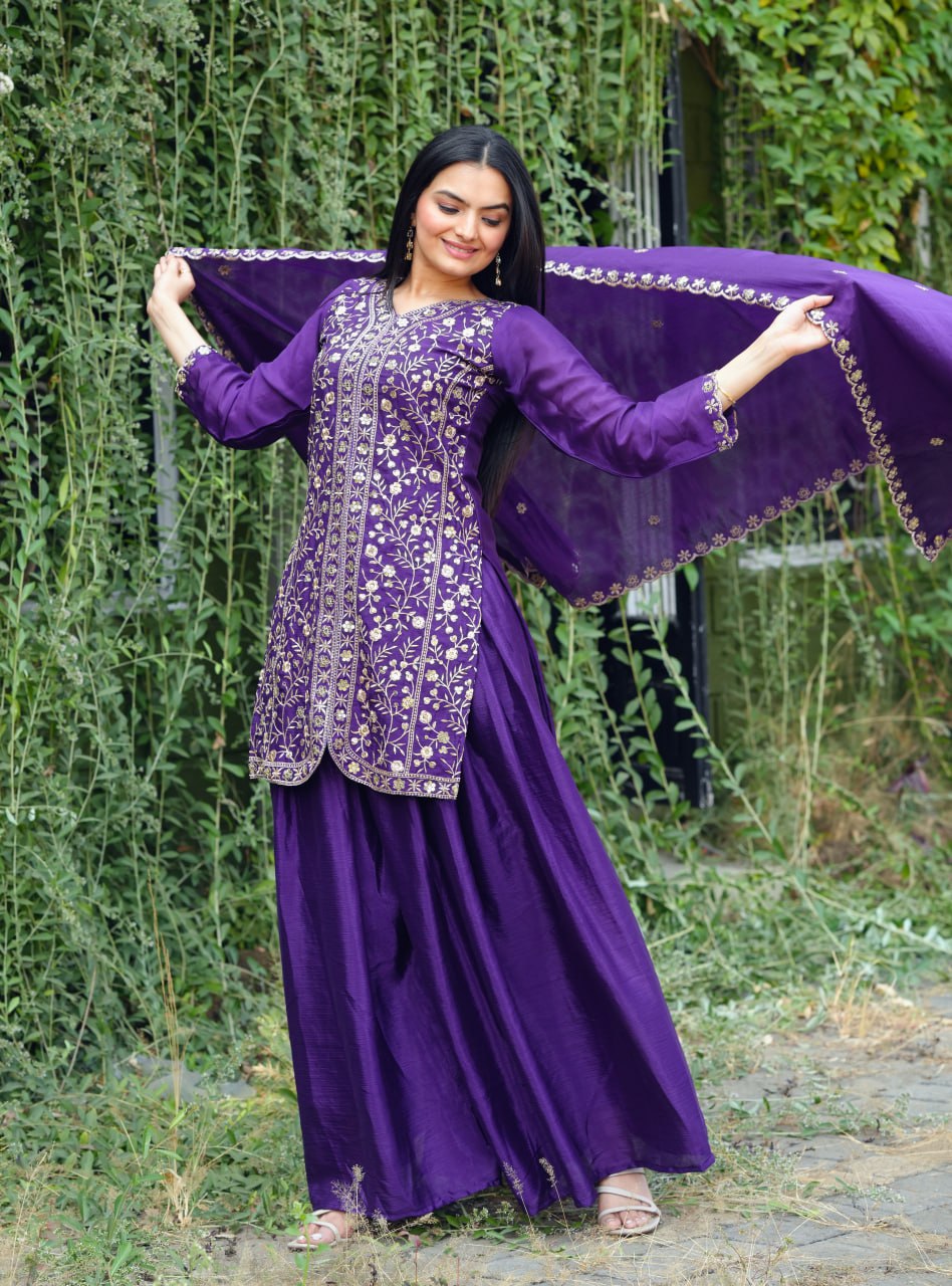 Prazu Fashion Violet Chinon Silk Sequence Embroidered Sharara Suit