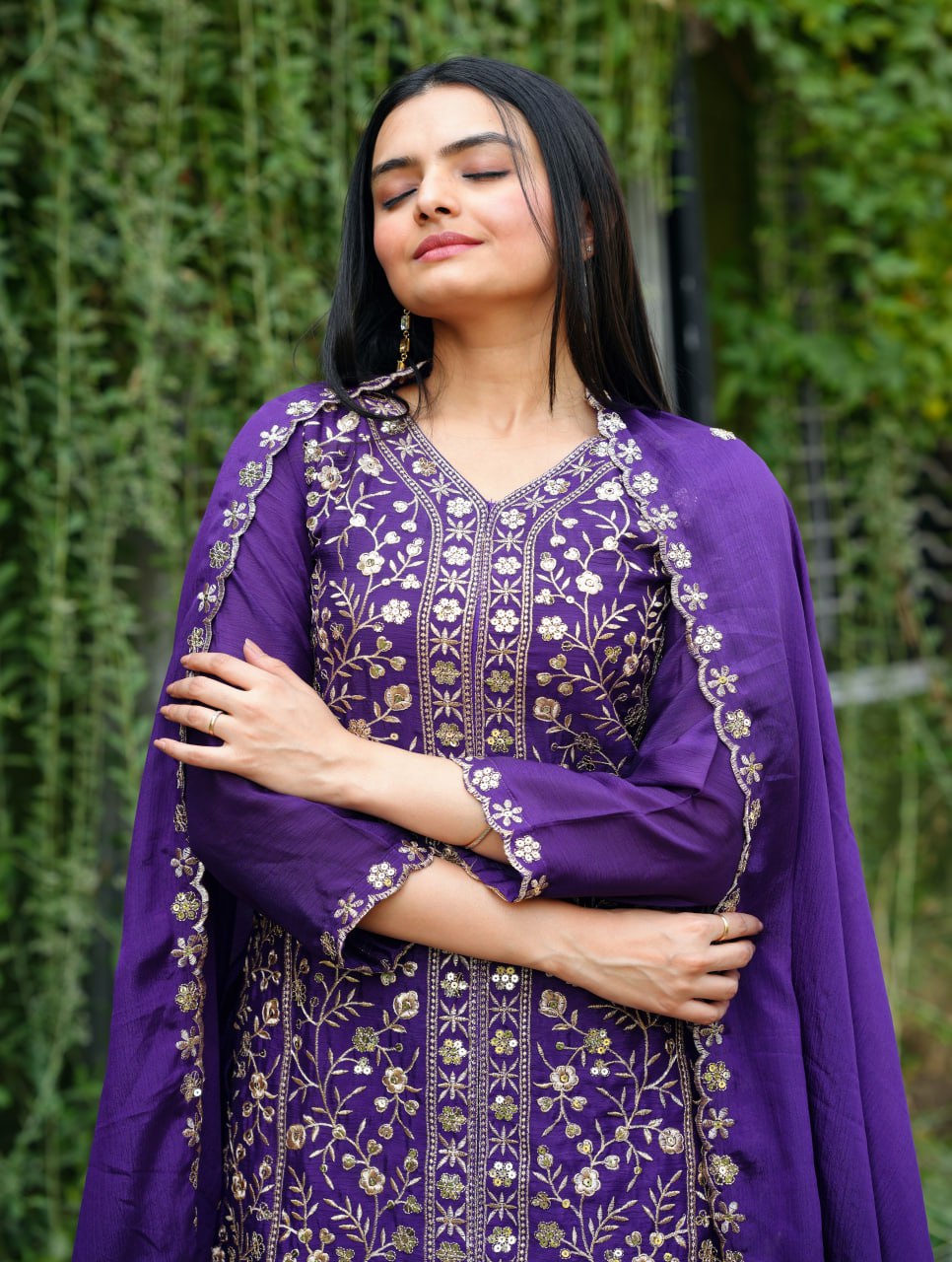 Prazu Fashion Violet Chinon Silk Sequence Embroidered Sharara Suit