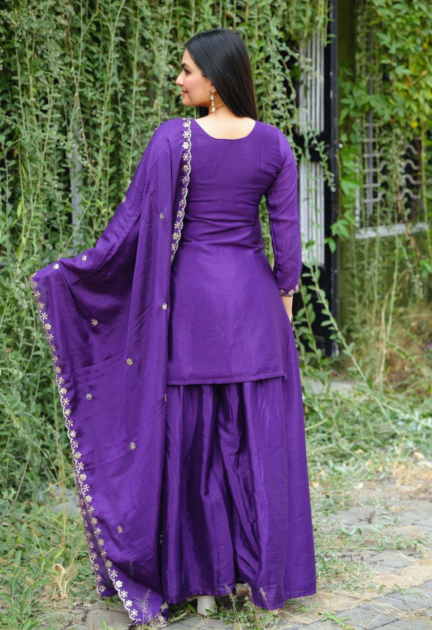 Prazu Fashion Violet Chinon Silk Sequence Embroidered Sharara Suit