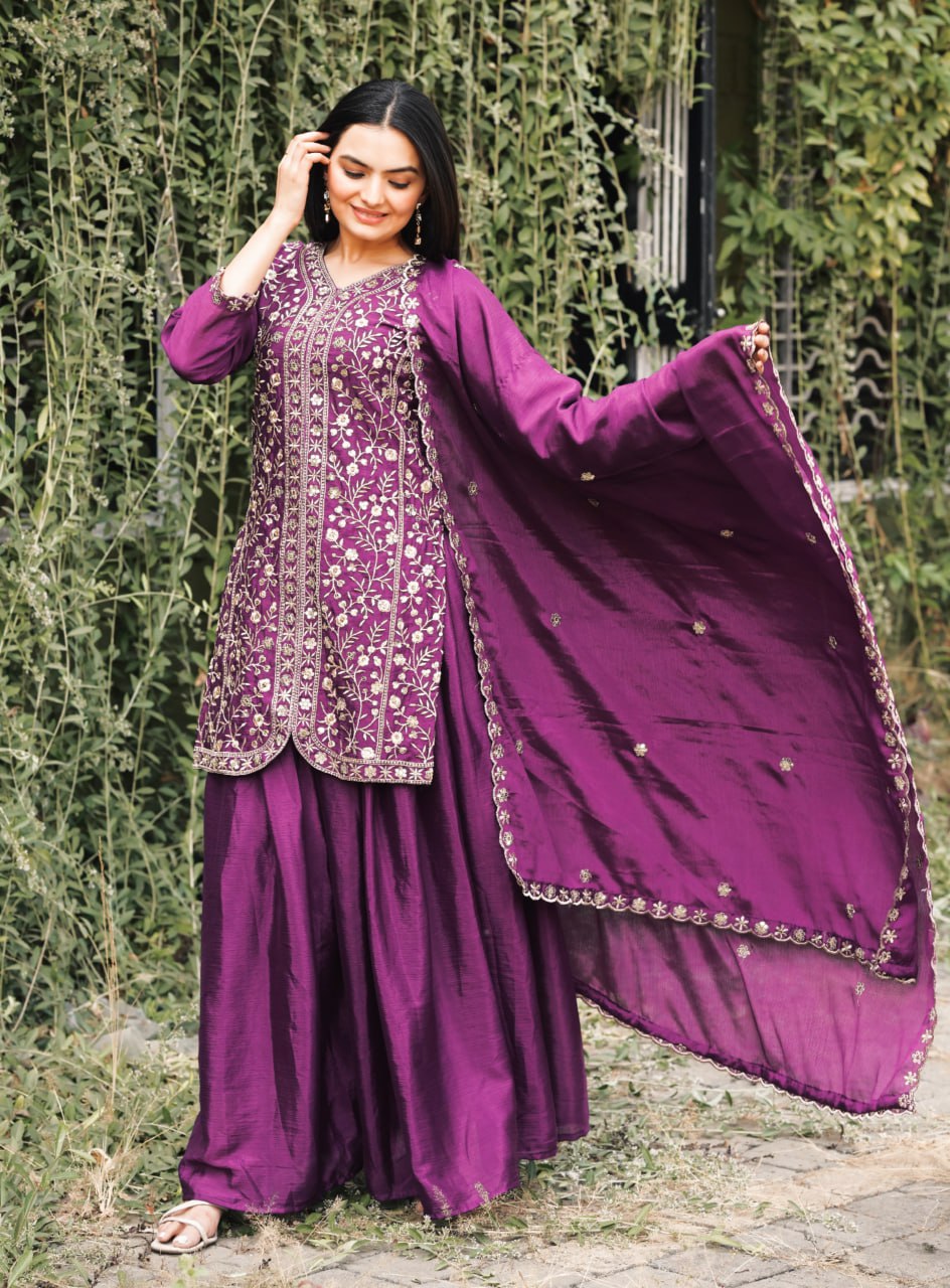 Prazu Fashion Wine Chinon Silk Embroidered Sharara Suit