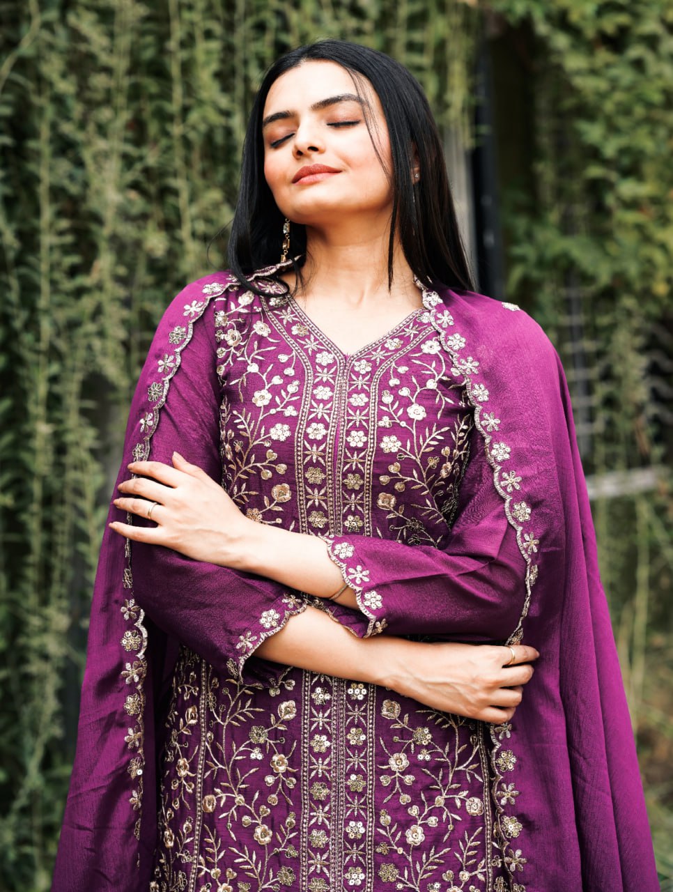 Prazu Fashion Wine Chinon Silk Embroidered Sharara Suit