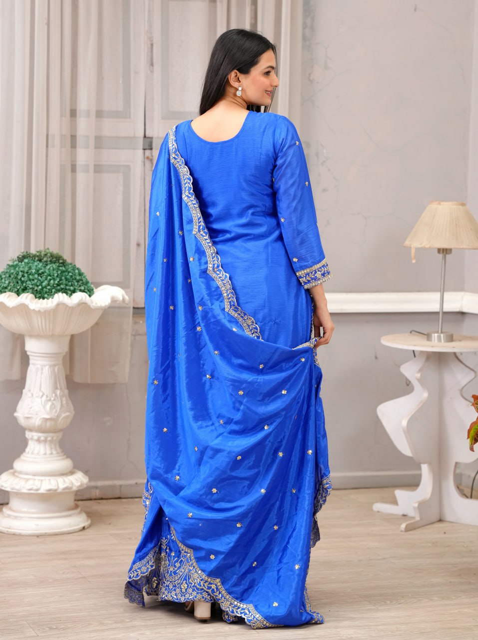 Teeya Creation Blue Color Chinnon Silk Heavy Embroidery Work Fully Stitched Sharara Suit