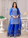 Teeya Creation Blue Color Chinnon Silk Heavy Embroidery Work Fully Stitched Sharara Suit