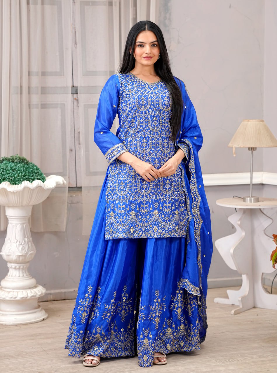 Teeya Creation Blue Color Chinnon Silk Heavy Embroidery Work Fully Stitched Sharara Suit