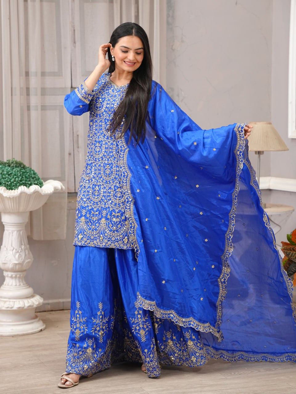 Teeya Creation Blue Color Chinnon Silk Heavy Embroidery Work Fully Stitched Sharara Suit