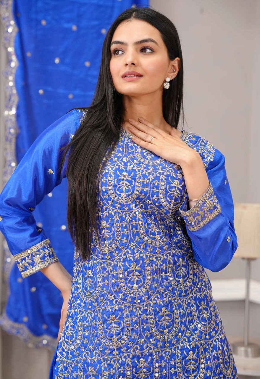 Teeya Creation Blue Color Chinnon Silk Heavy Embroidery Work Fully Stitched Sharara Suit