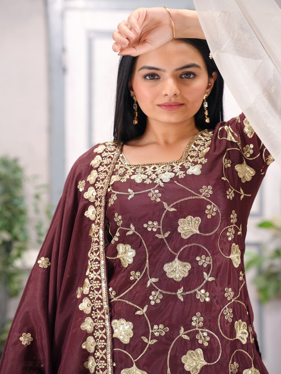 Teeya Creation Maroon Color Chinnon Silk Embroidery Work Fully Stitched Salwar Suit