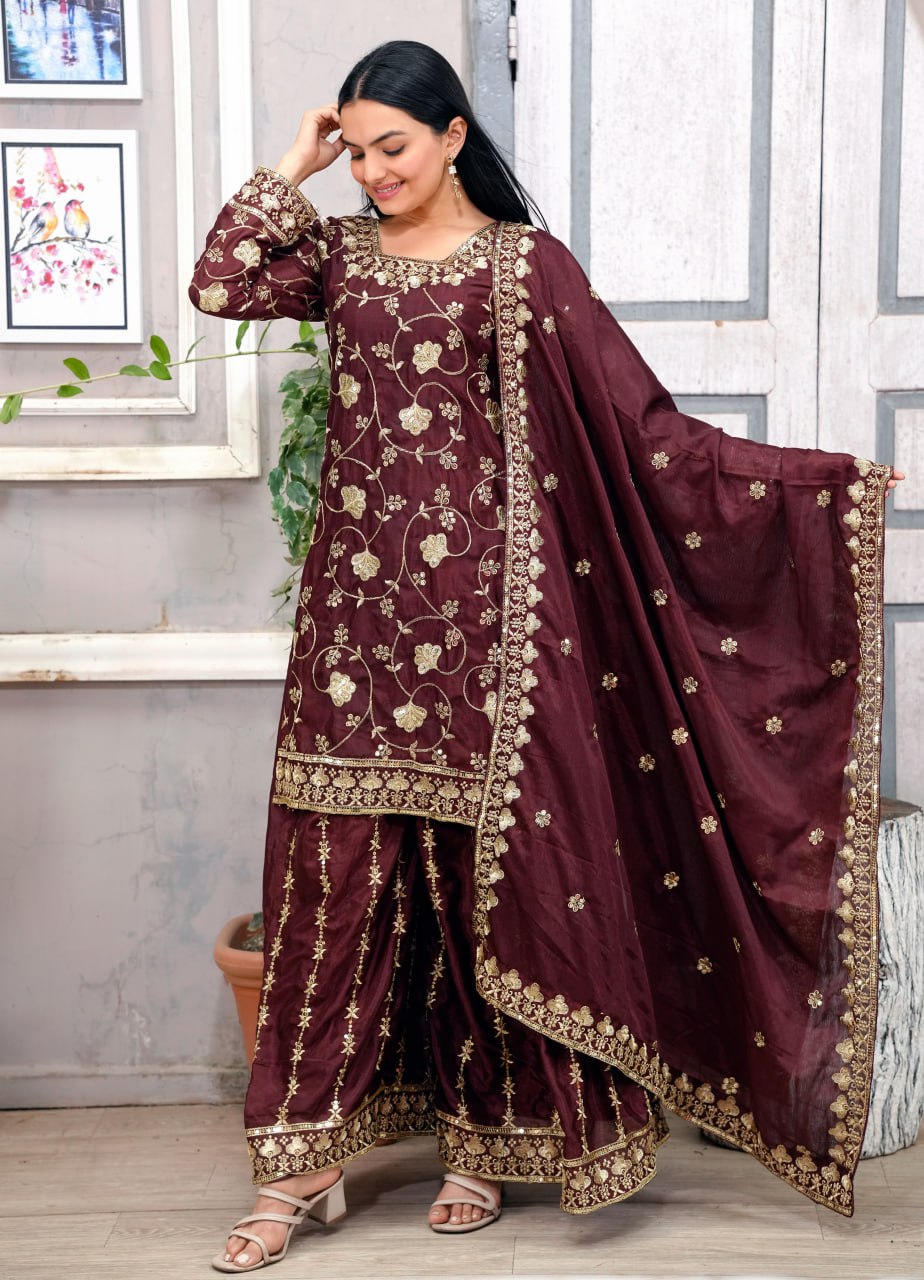 Teeya Creation Maroon Color Chinnon Silk Embroidery Work Fully Stitched Salwar Suit