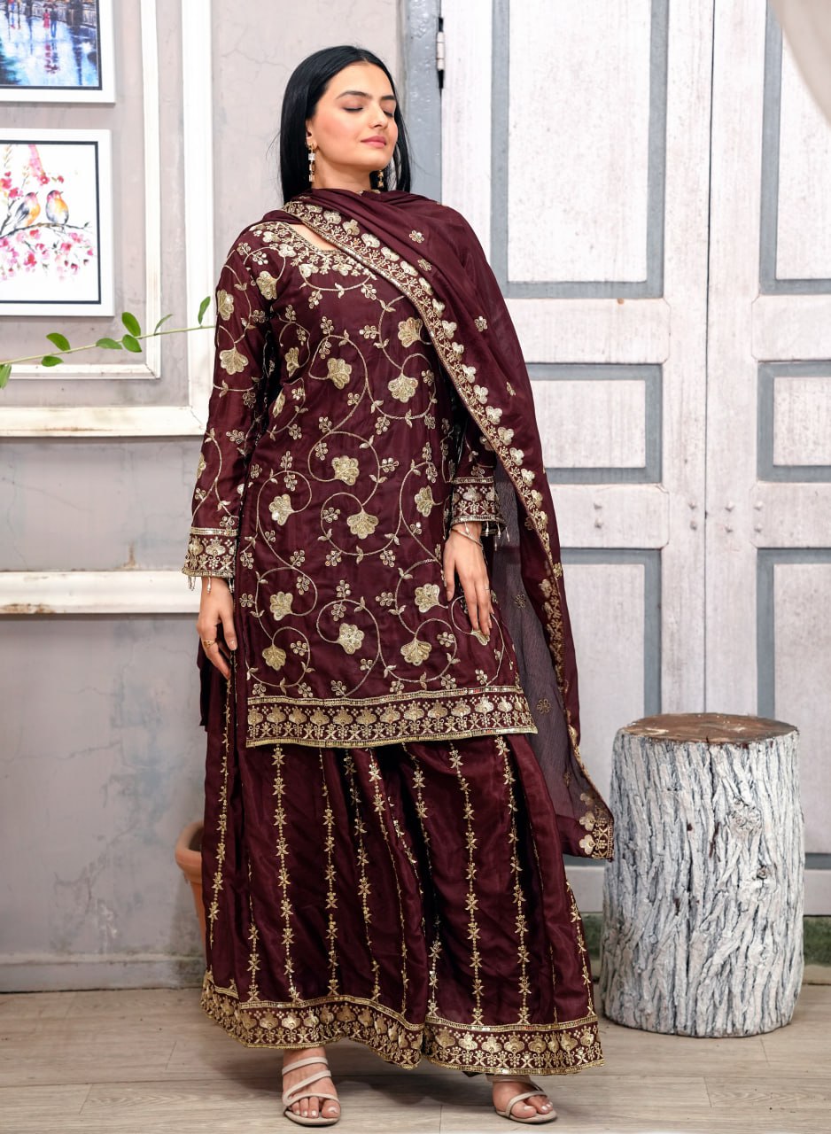 Teeya Creation Maroon Color Chinnon Silk Embroidery Work Fully Stitched Salwar Suit