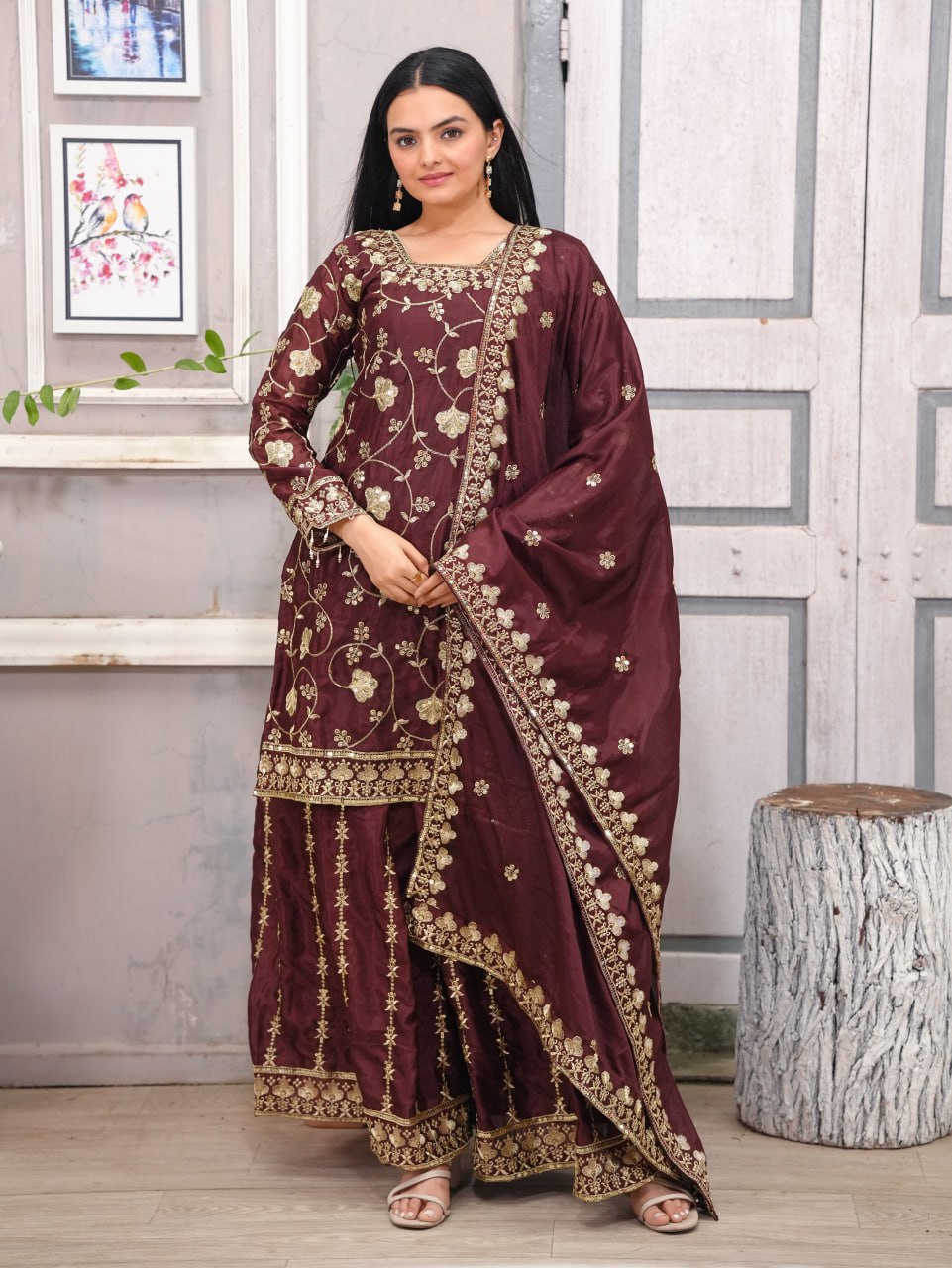 Teeya Creation Maroon Color Chinnon Silk Embroidery Work Fully Stitched Salwar Suit