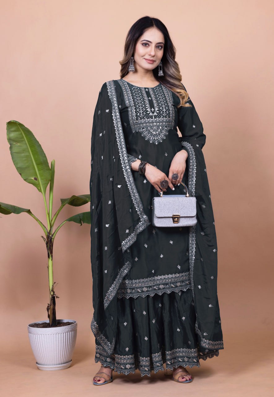 Teeya Creation Black Color Chinnon Silk Embroidery Work Fully Stitched Salwar Suit