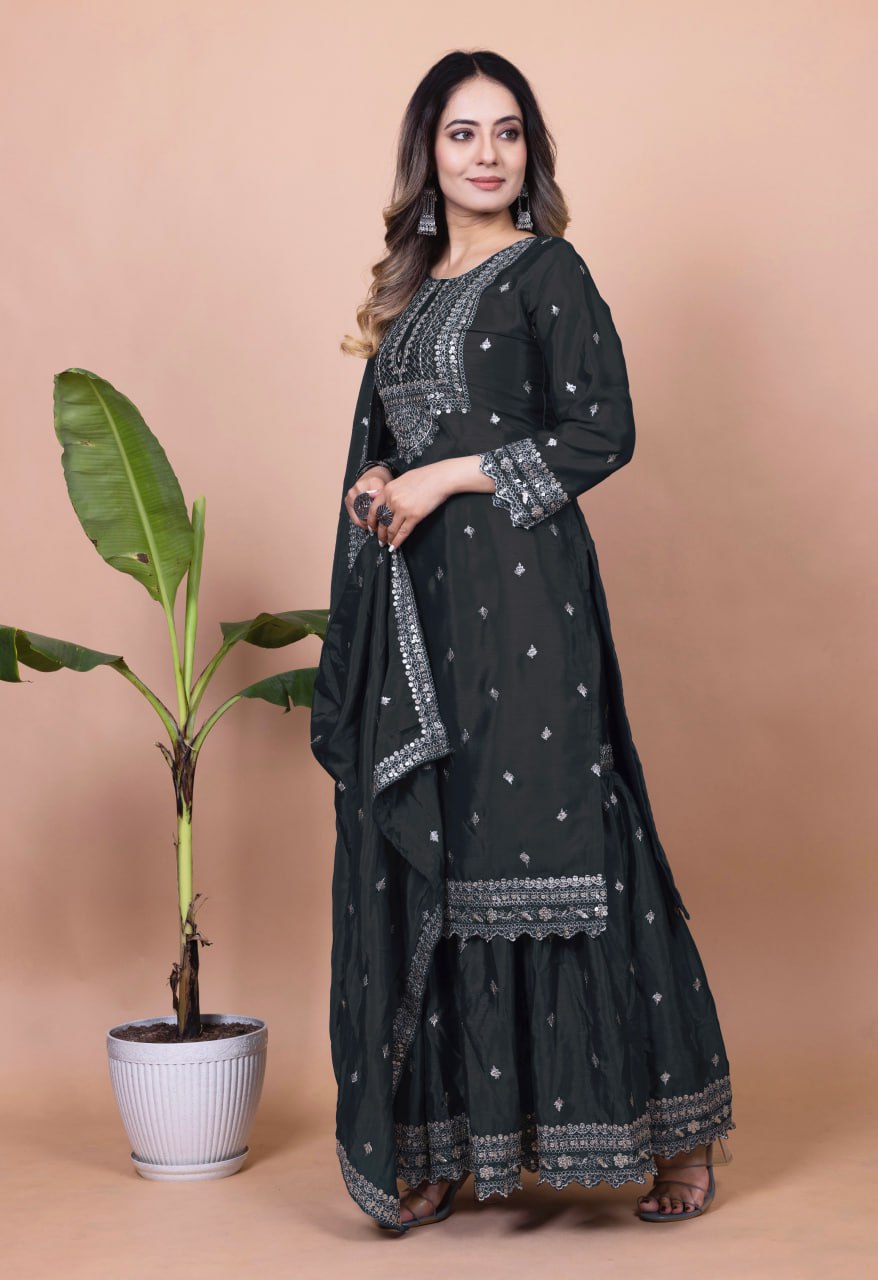 Teeya Creation Black Color Chinnon Silk Embroidery Work Fully Stitched Salwar Suit
