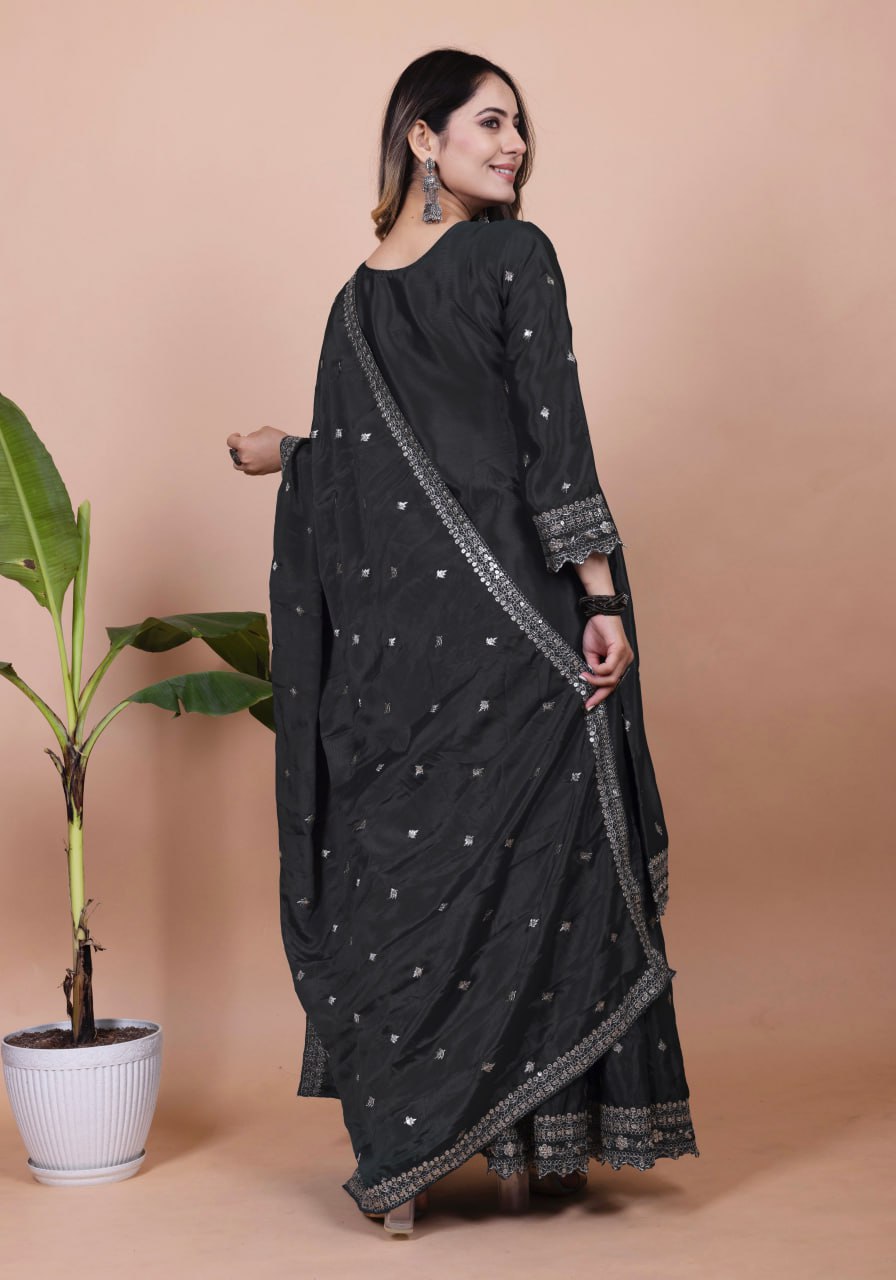 Teeya Creation Black Color Chinnon Silk Embroidery Work Fully Stitched Salwar Suit