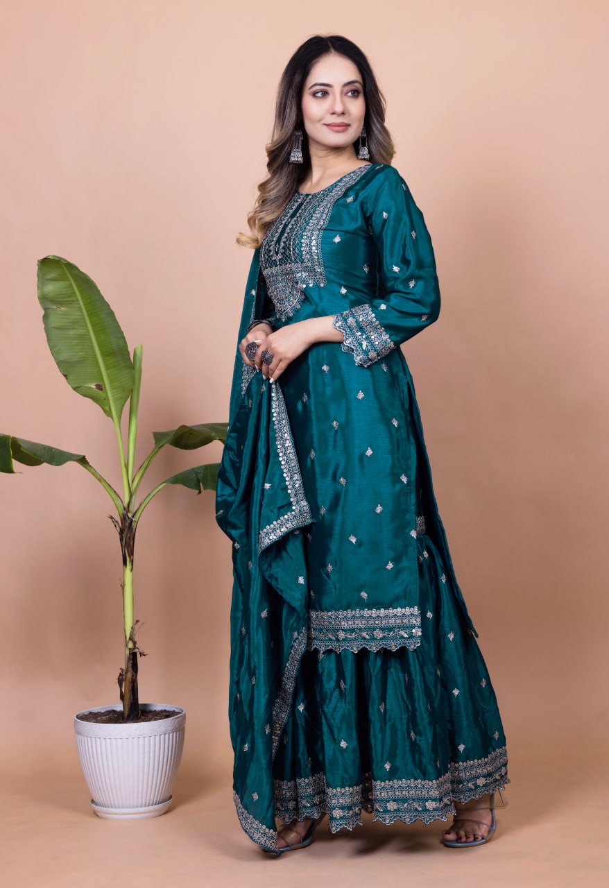Teeya Creation More Peach Color Chinnon Silk Embroidery Work Fully Stitched Salwar Suit