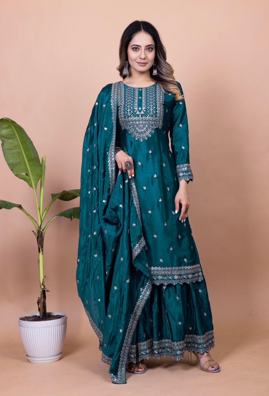 Teeya Creation More Peach Color Chinnon Silk Embroidery Work Fully Stitched Salwar Suit