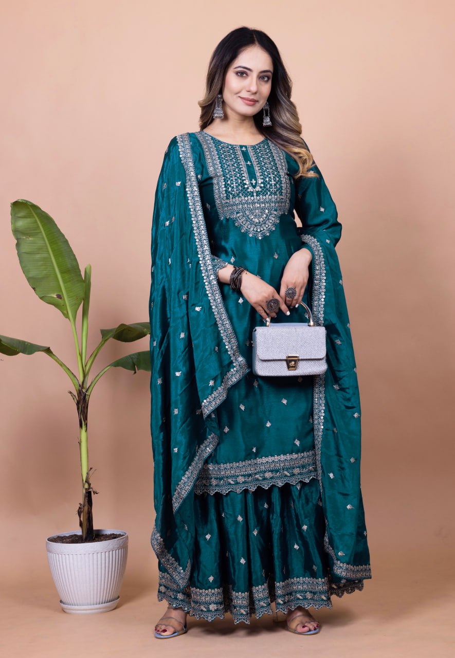 Teeya Creation More Peach Color Chinnon Silk Embroidery Work Fully Stitched Salwar Suit