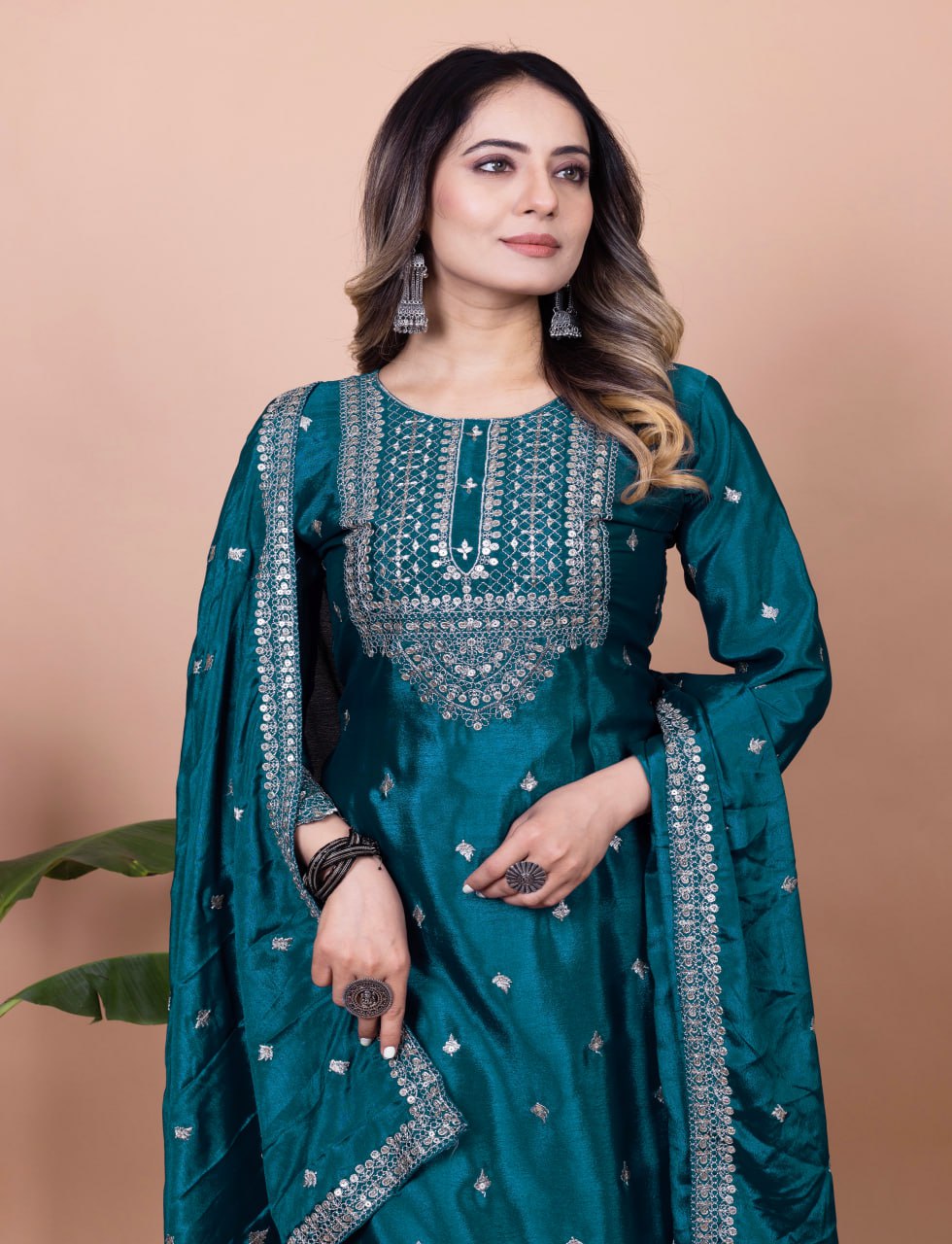 Teeya Creation More Peach Color Chinnon Silk Embroidery Work Fully Stitched Salwar Suit