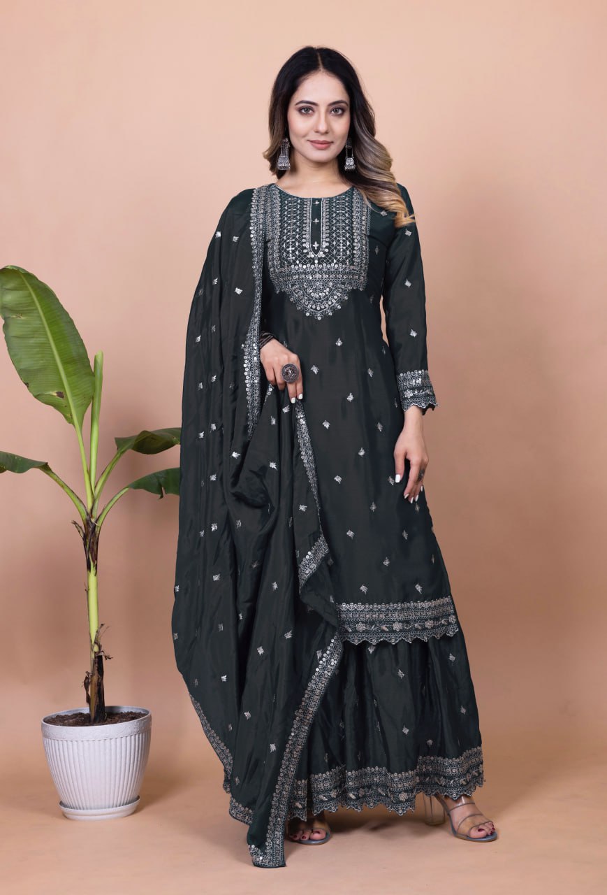 Prazu Fashion Black Chinon Silk Sequence Embroidered Sharara Suit