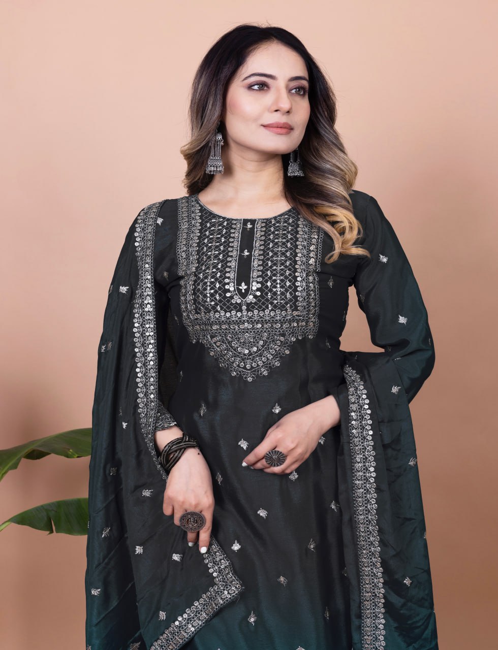 Prazu Fashion Black Chinon Silk Sequence Embroidered Sharara Suit