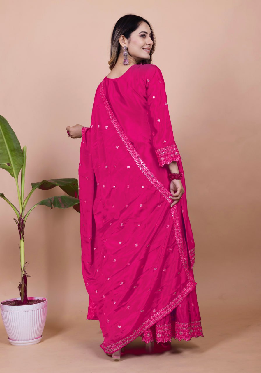 Prazu Fashion Pink Chinon Silk Sequence Embroidered Sharara Suit