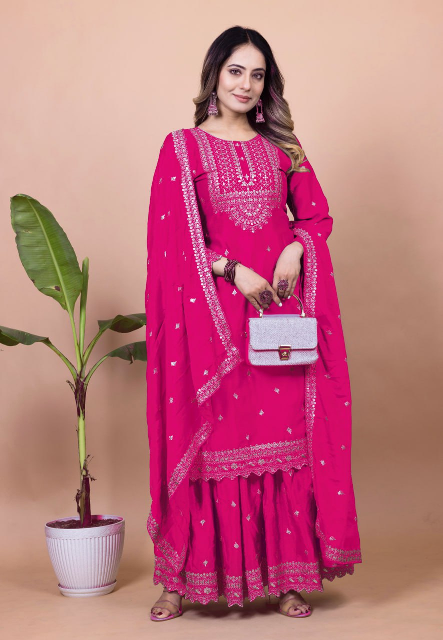 Prazu Fashion Pink Chinon Silk Sequence Embroidered Sharara Suit