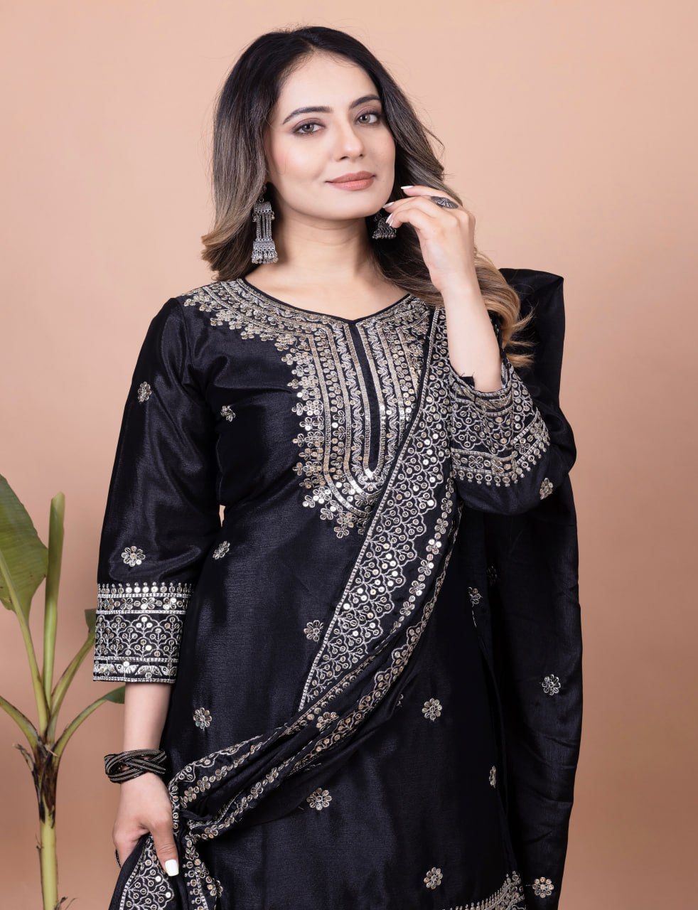 Teeya Creation Black Color Chinnon Silk Embroidery Work Fully Stitched Salwar Suit