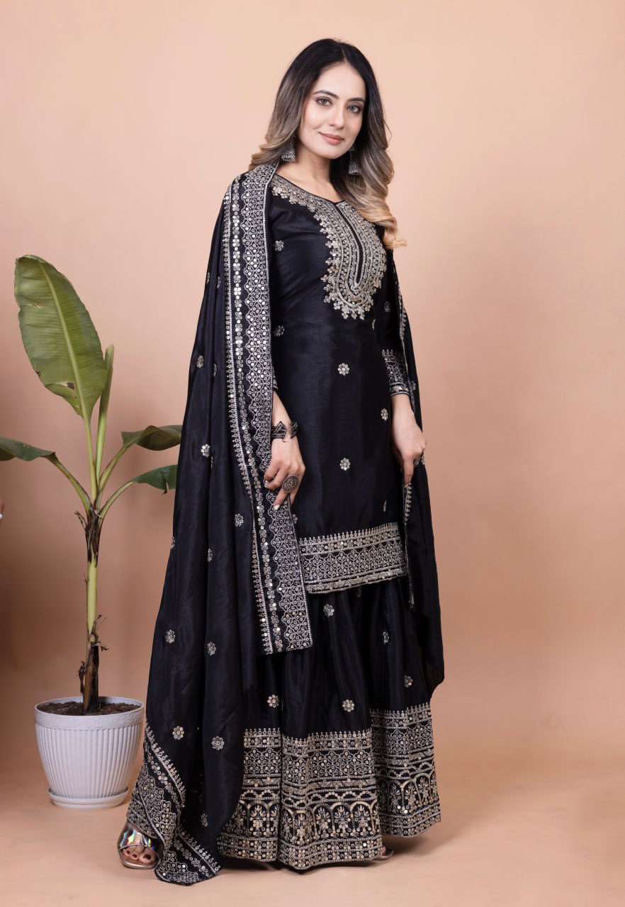 Teeya Creation Black Color Chinnon Silk Embroidery Work Fully Stitched Salwar Suit