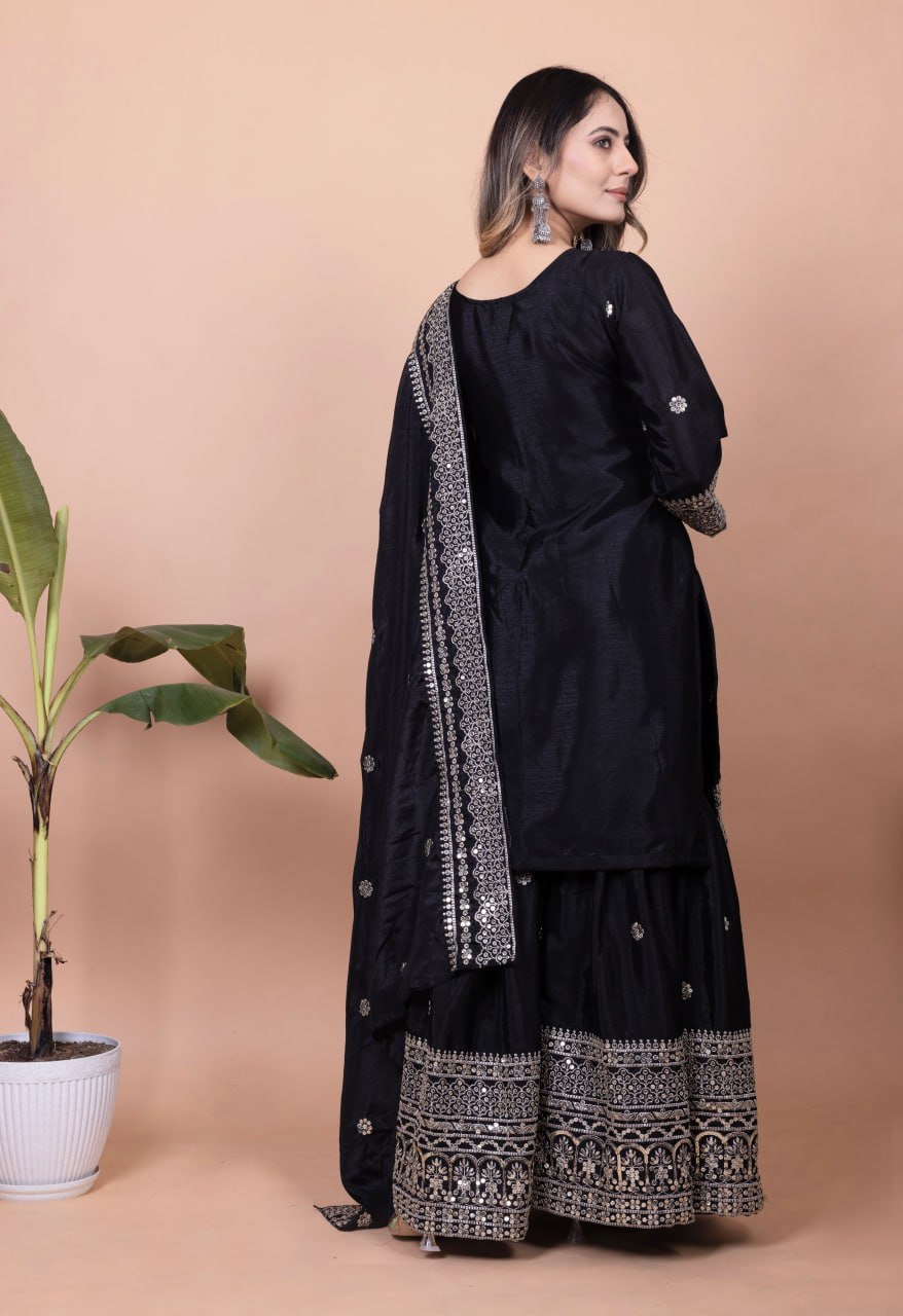 Teeya Creation Black Color Chinnon Silk Embroidery Work Fully Stitched Salwar Suit