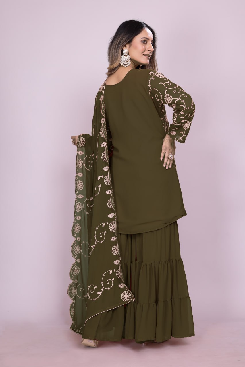 Teeya Creation Mehendi Color Faux Georgette Embroidery Work Fully Stitched Salwar Suit