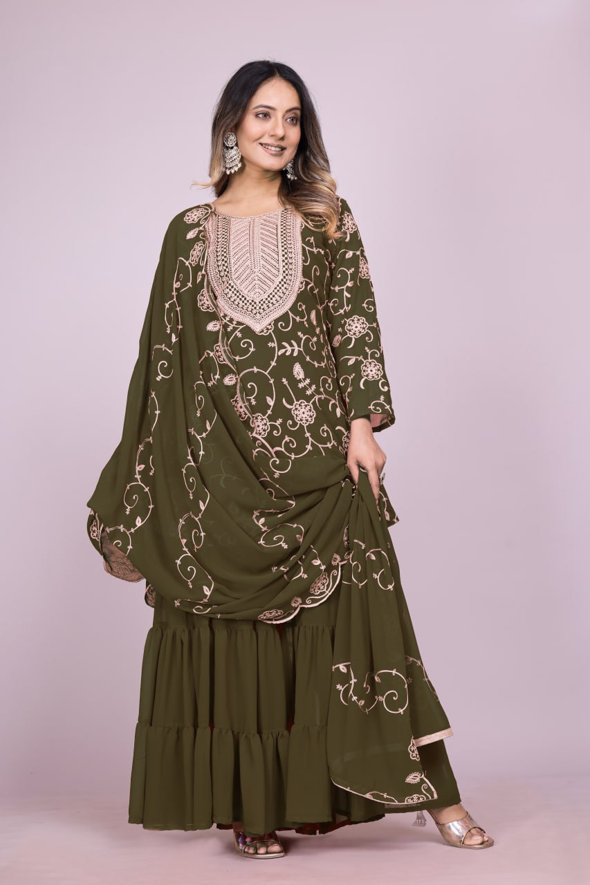 Teeya Creation Mehendi Color Faux Georgette Embroidery Work Fully Stitched Salwar Suit