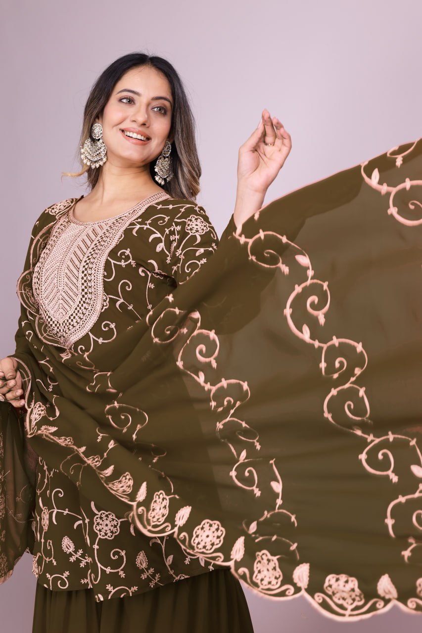 Teeya Creation Mehendi Color Faux Georgette Embroidery Work Fully Stitched Salwar Suit