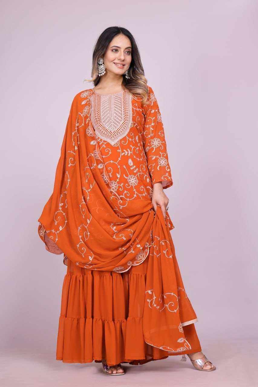 Teeya Creation Orange Color Faux Georgette Embroidery Work Fully Stitched Salwar Suit