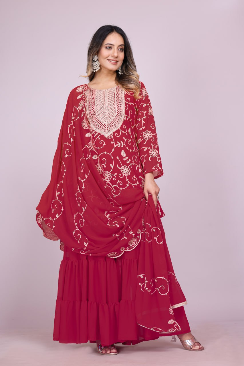 Teeya Creation Rani Color Faux Georgette Embroidery Work Fully Stitched Salwar Suit