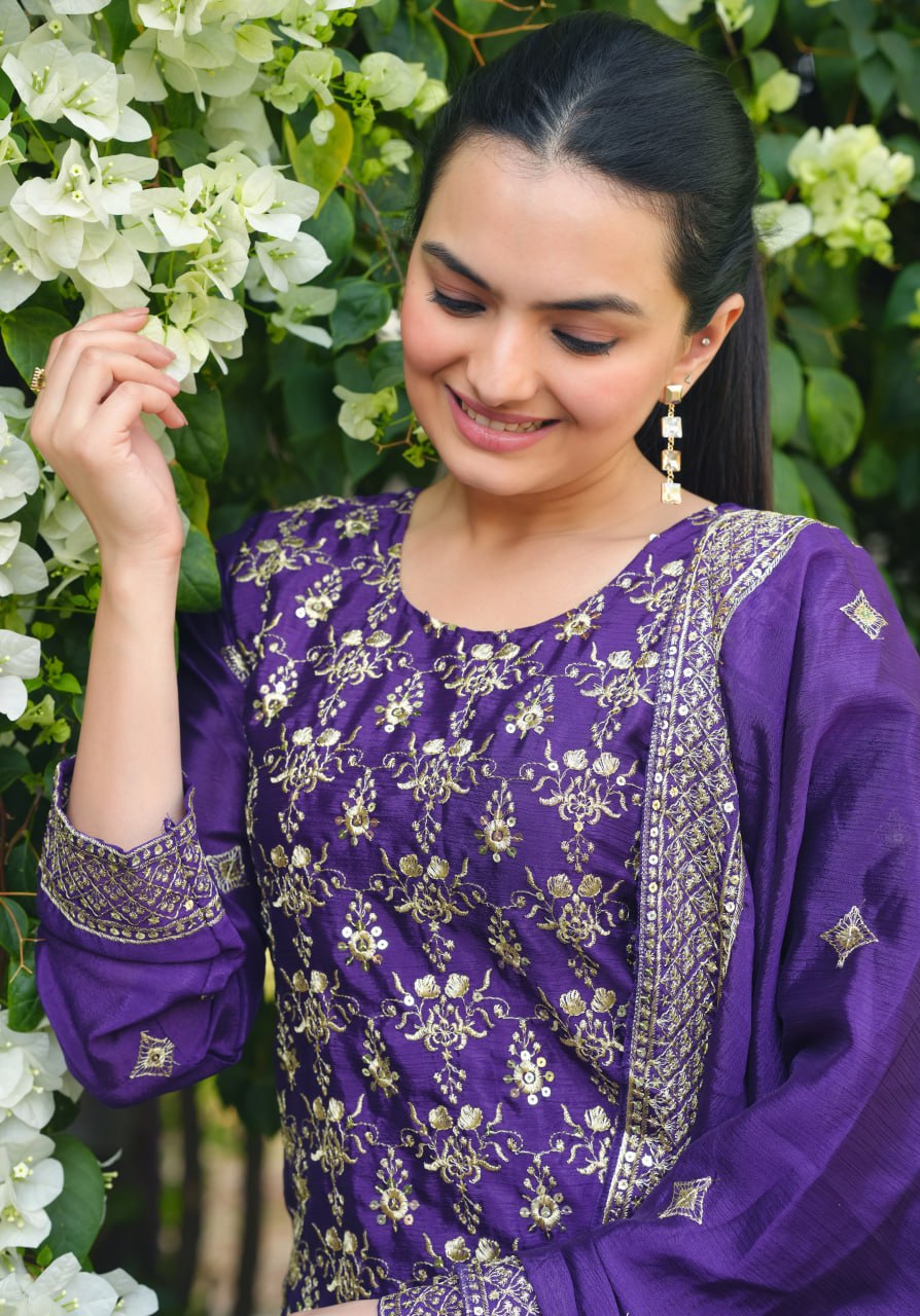 Prazu Fashion Violet Chinon Silk Sequence Embroidered Sharara Suit