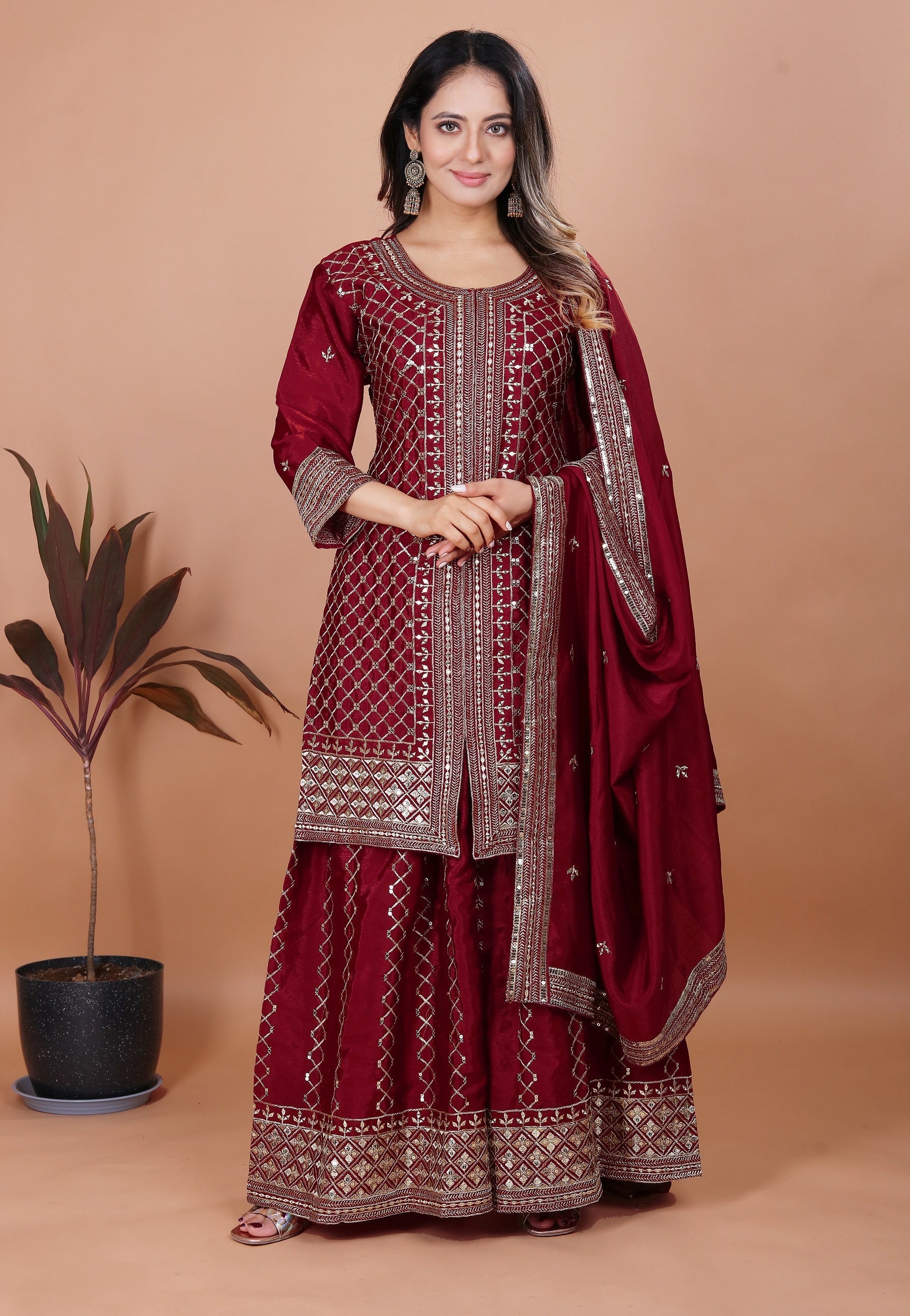 Lehenga Mart Maroon Chinon Gorgeous Chinon Sharara Suit For Wedding Wear