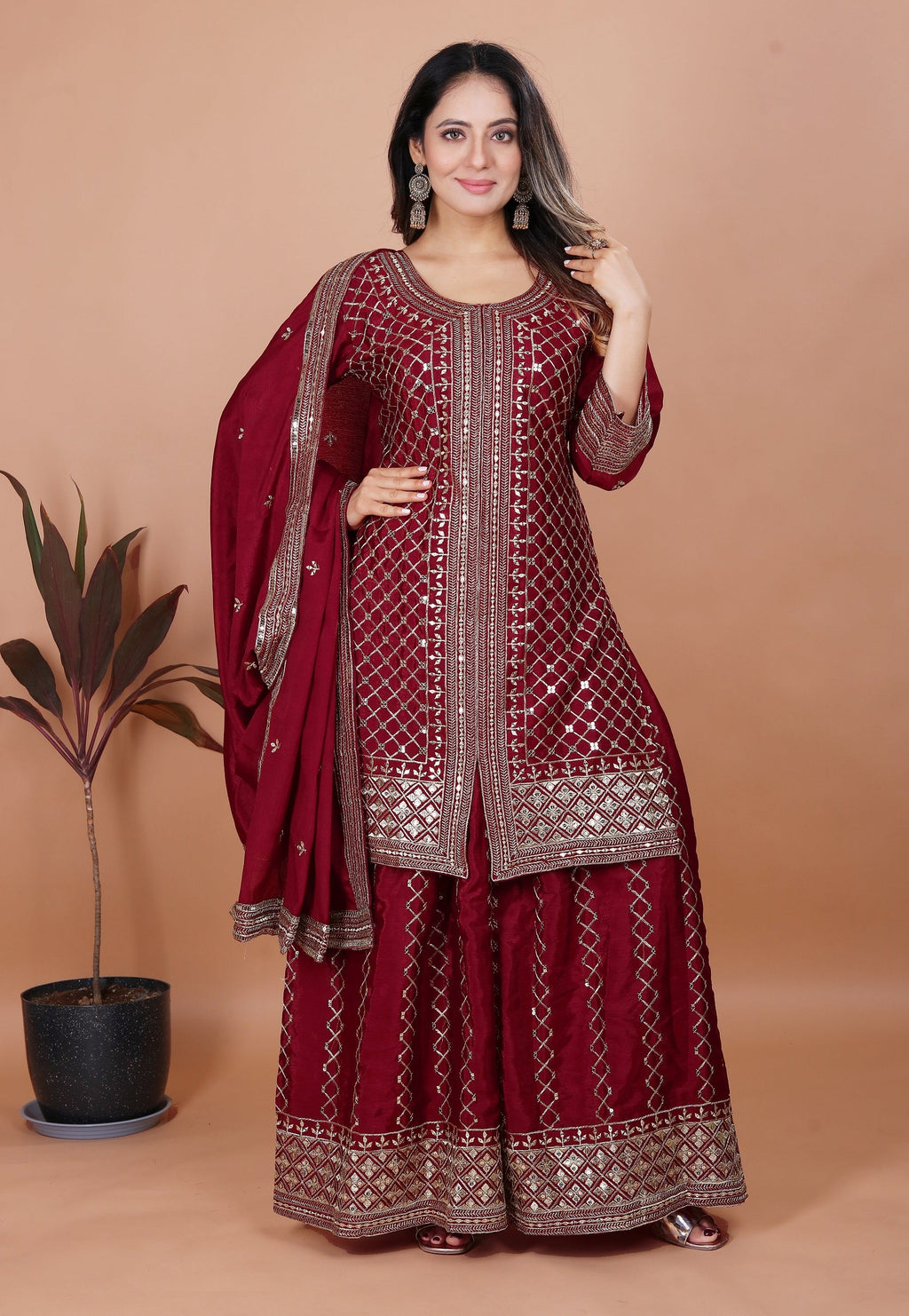 Lehenga Mart Maroon Chinon Gorgeous Chinon Sharara Suit For Wedding Wear