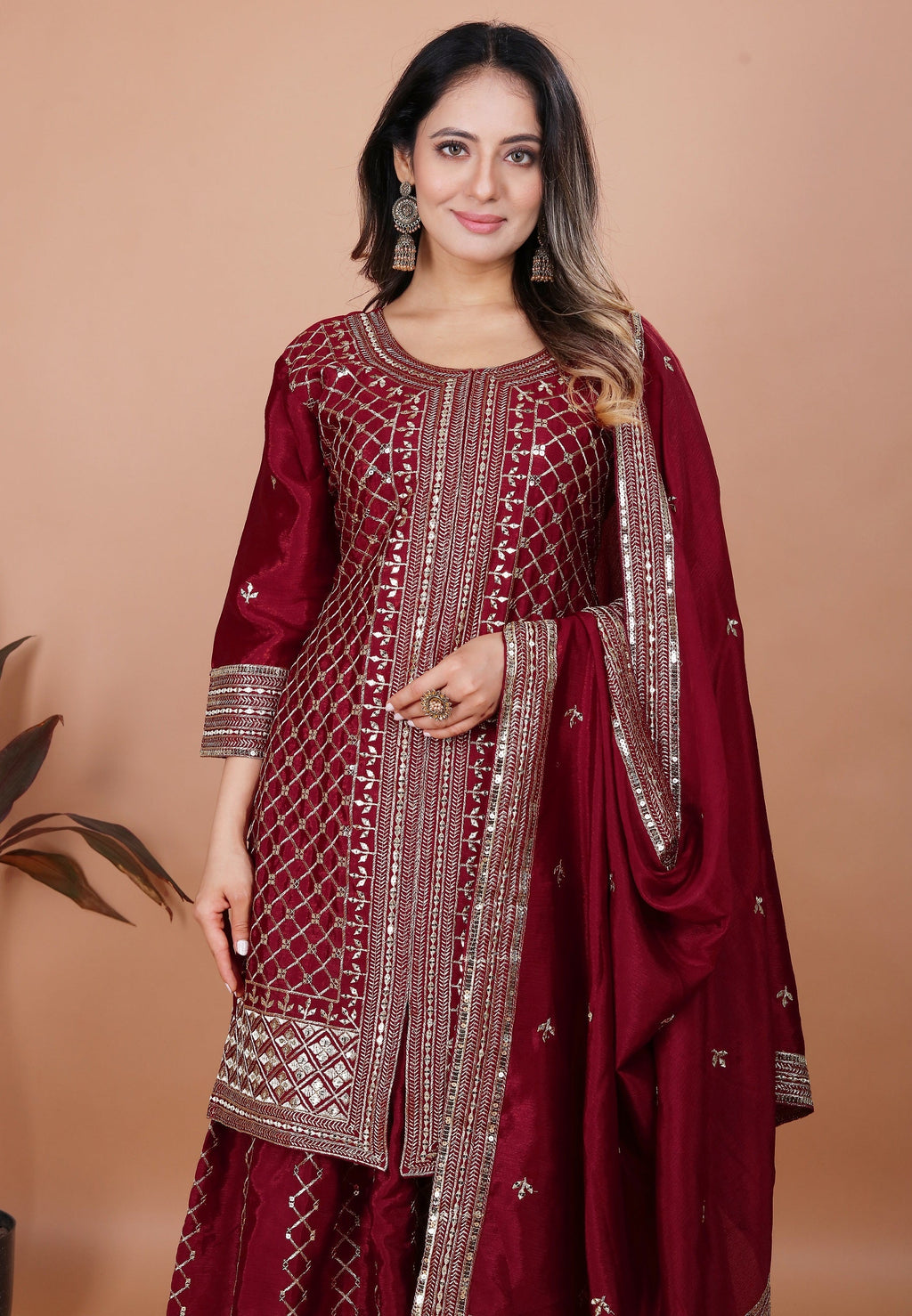Lehenga Mart Maroon Chinon Gorgeous Chinon Sharara Suit For Wedding Wear