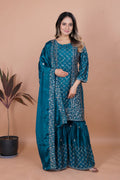 Prazu Fashion Aqua Blue Chinon Silk Sequence Embroidered Sharara Suit