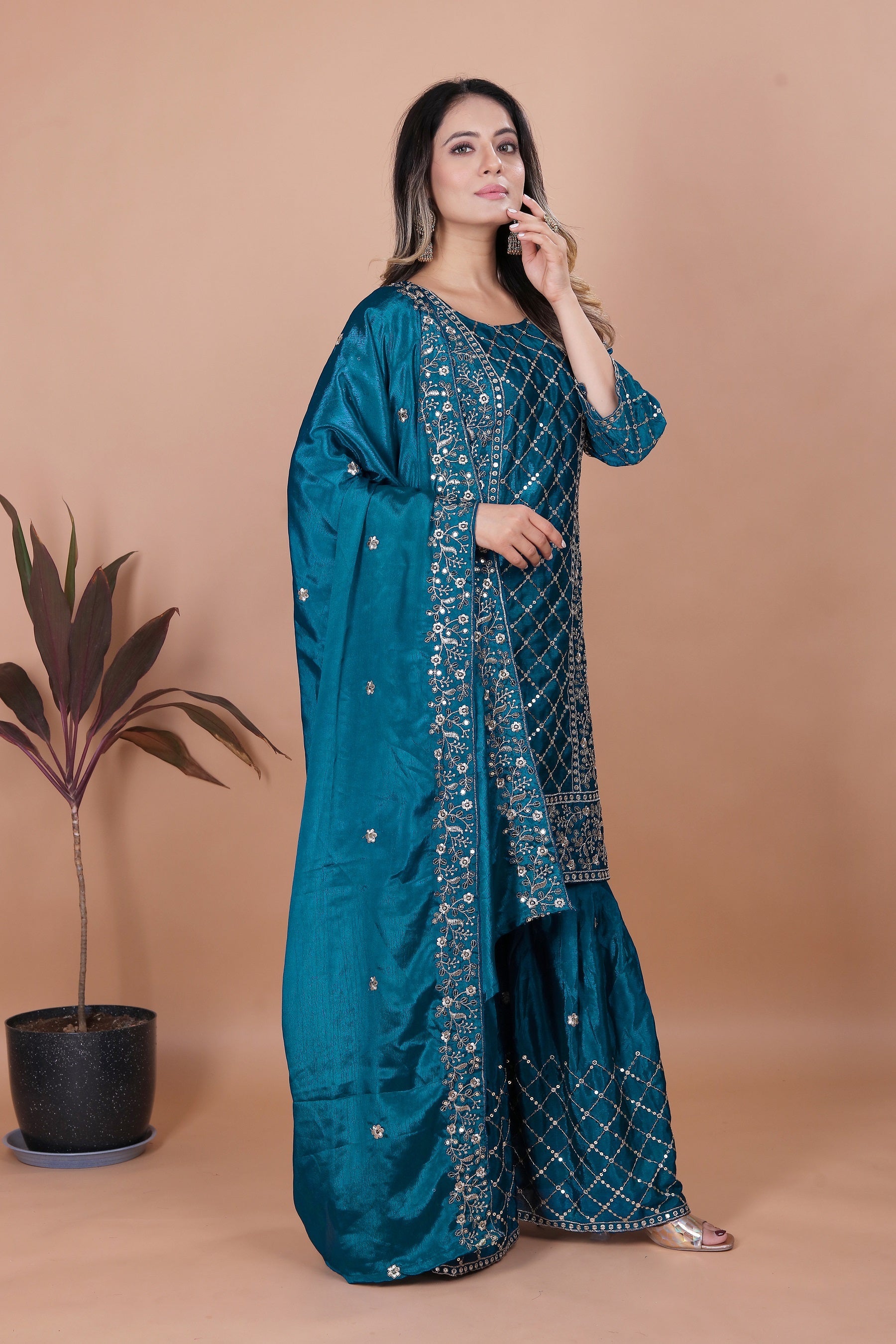 Lehenga Mart Teal Chinon Gorgeous Chinon Sharara Suit For Wedding Wear