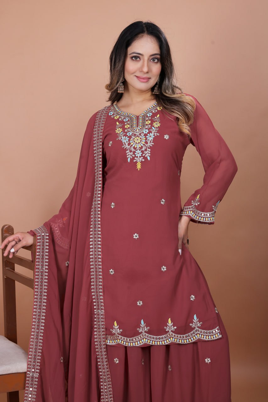 Prazu Fashion Gajri Red Georgette Embroidered Sharara Suit