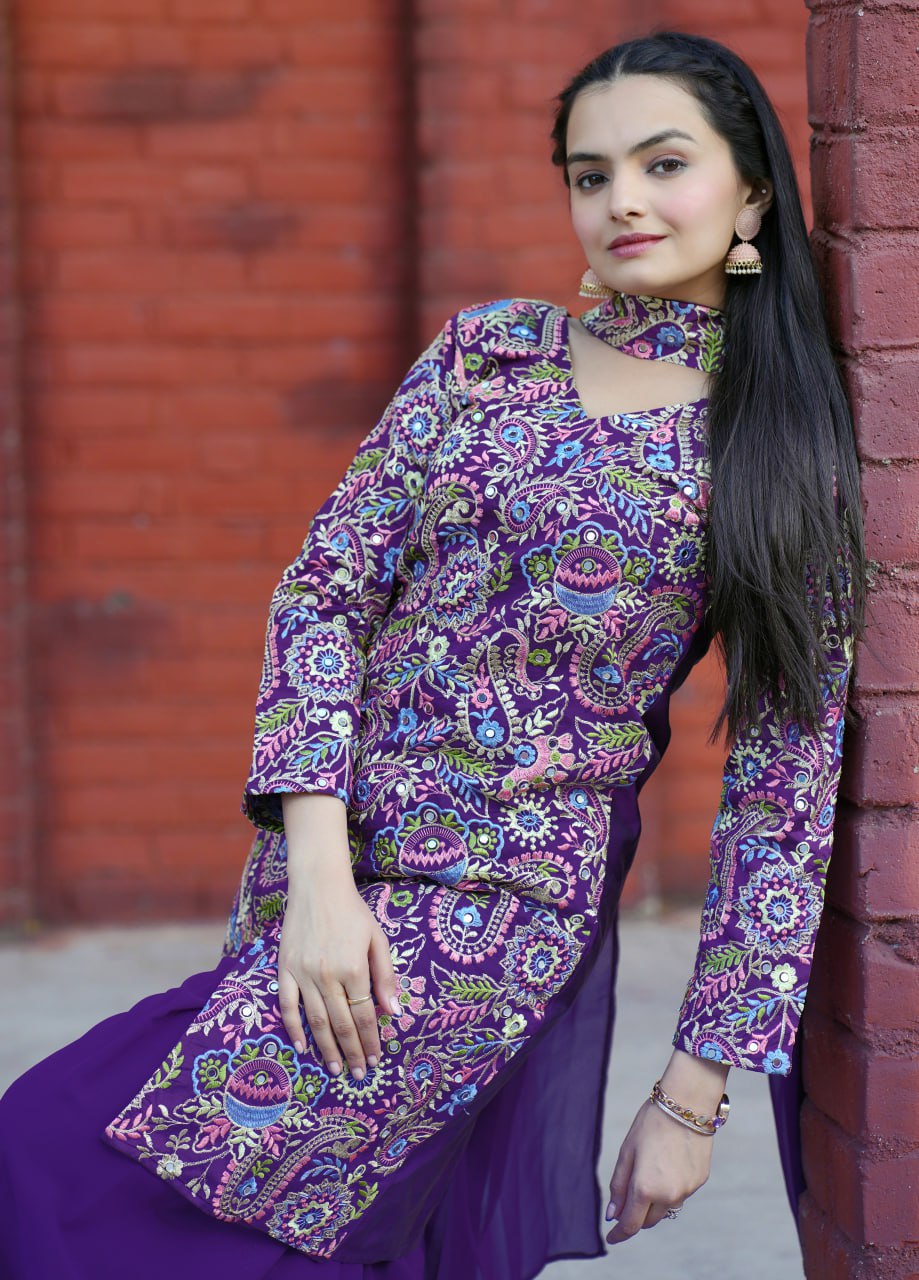 Prazu Fashion Violet Tapeta Silk With Fusing Embroidered Sharara Suit