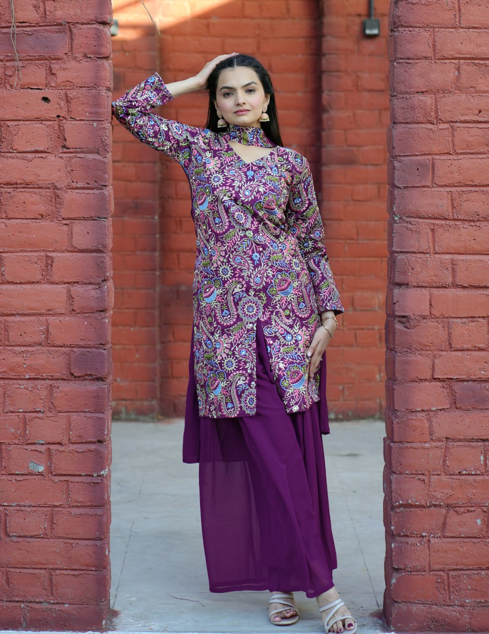 Prazu Fashion Wine Tapeta Silk With Fusing Embroidered Sharara Suit