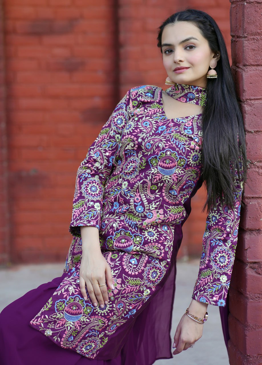 Prazu Fashion Wine Tapeta Silk With Fusing Embroidered Sharara Suit