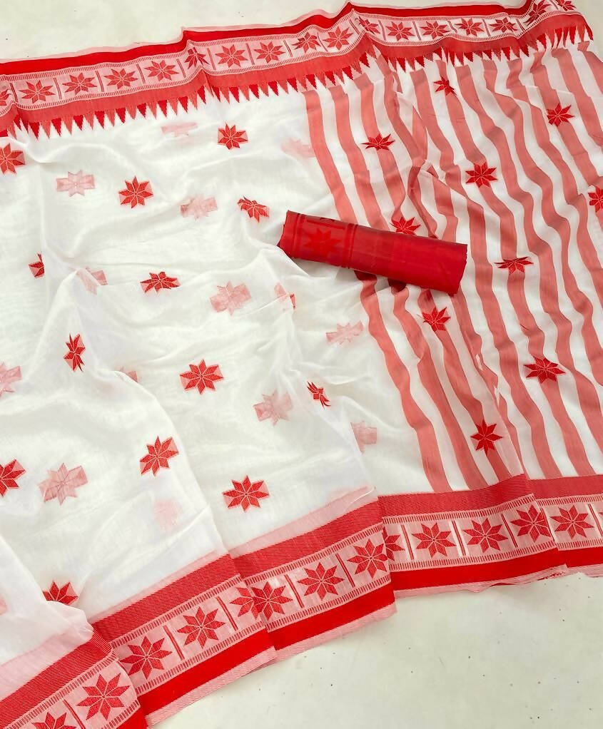 DEIANA'S Beautiful Designer Golden zari Soft Cotton Saree - White