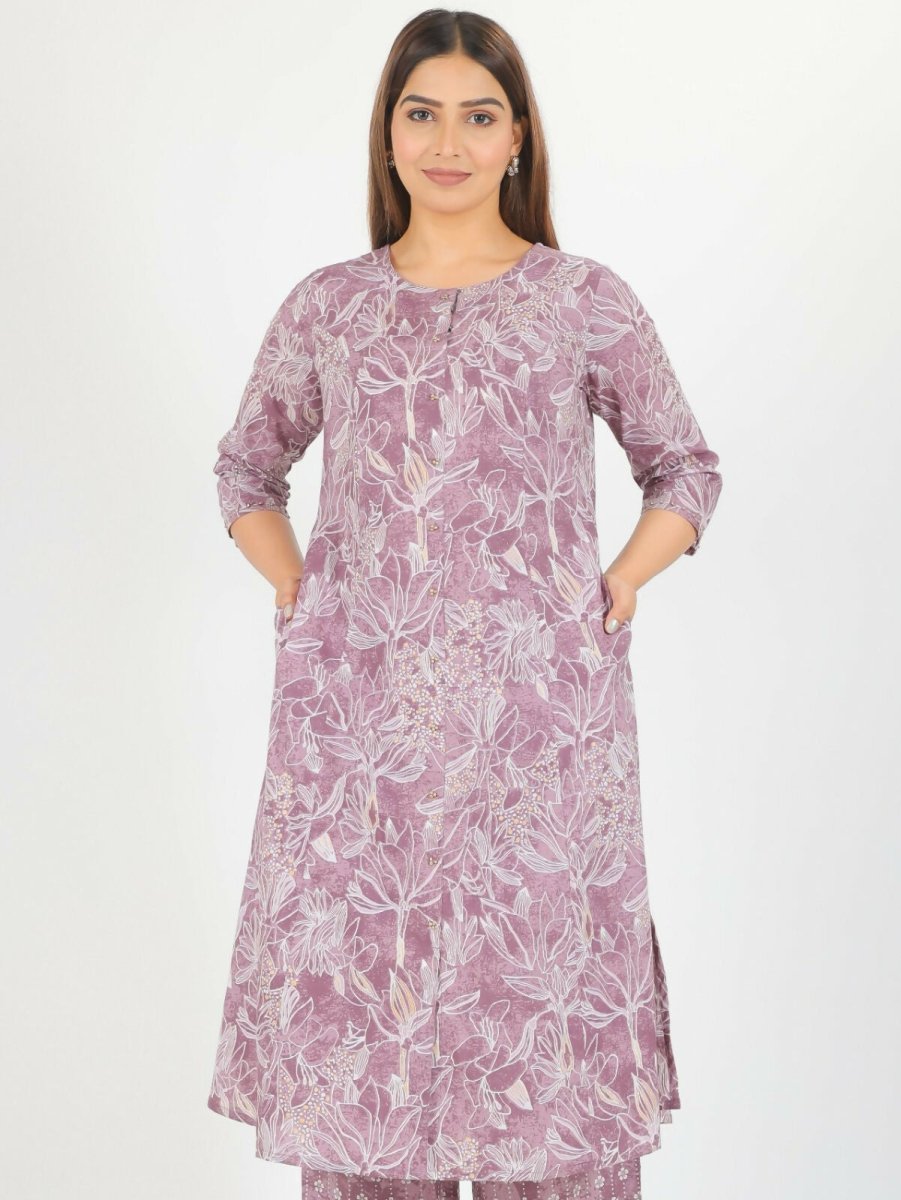 Aramya Purple Soft Cotton Gold Foil A-line Kurta for Women