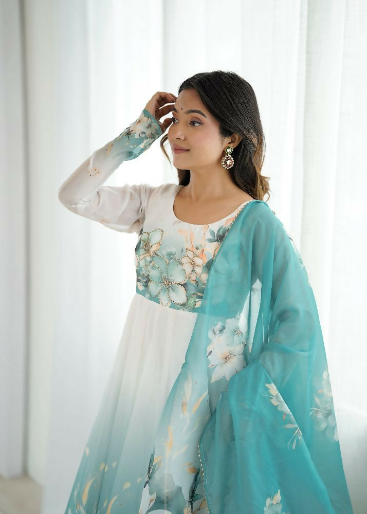 Joban Fashion Aqua Blue Kurta Set Organza Sequin Embroidery Work