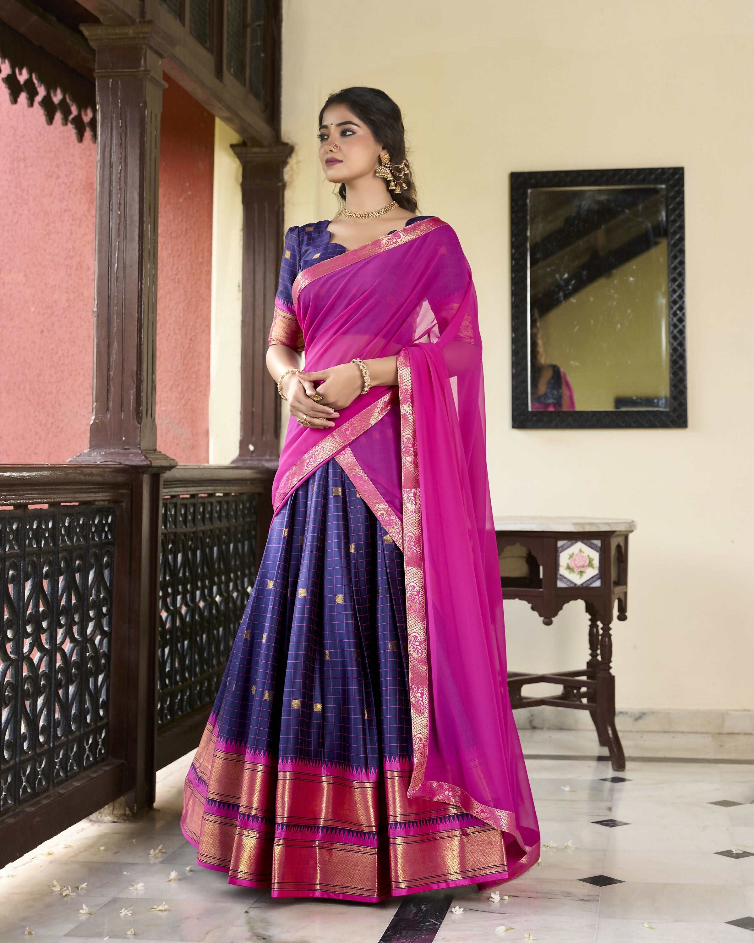 Lorenvalley Navyblue Cotton Silk Weaving Work With Paithani Concept Lehenga Choli