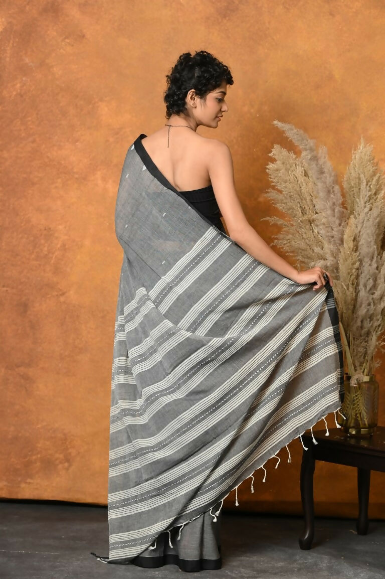 Very Much Indian Handloom Pure Cotton Saree With Sleek Border - Grey